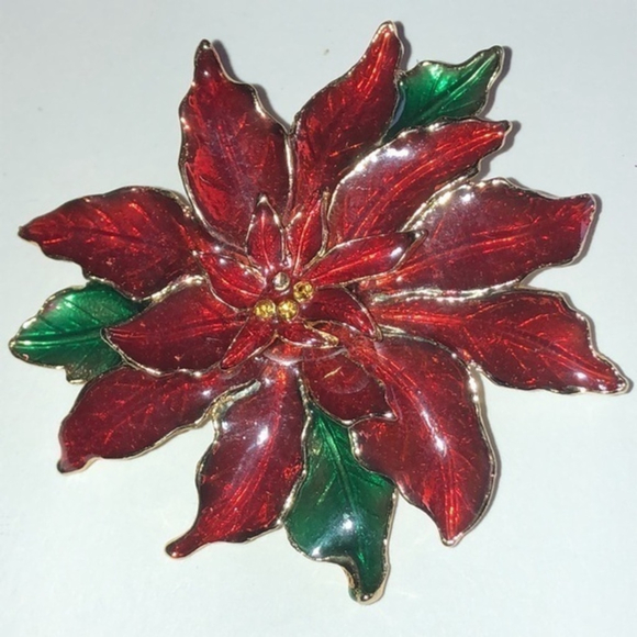 Vintage Red & Green Enamel 3D Layered Poinsettia Flower Holiday Brooch Pin - Picture 1 of 6